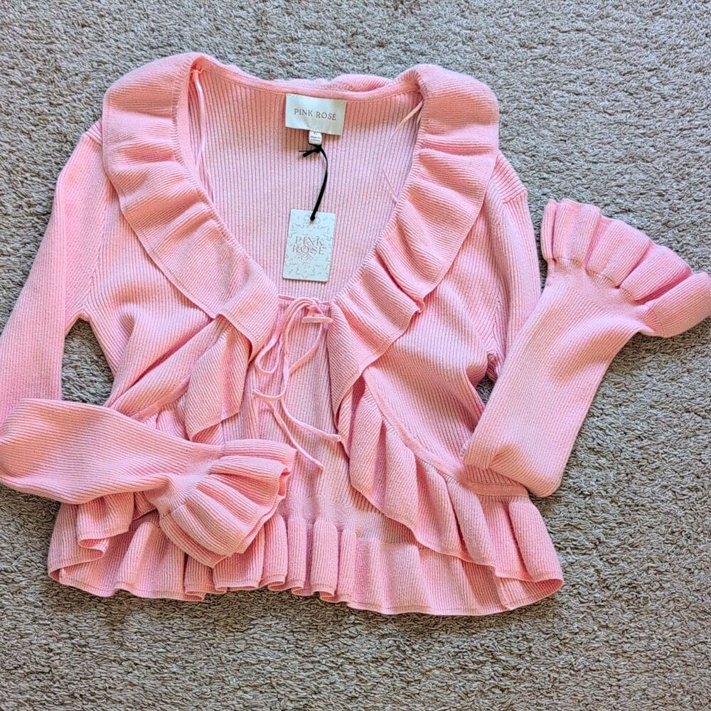 Pink Rose Coquette Pink Frill Ribbed Cardigan Flared Cuff Sweater XL NWT